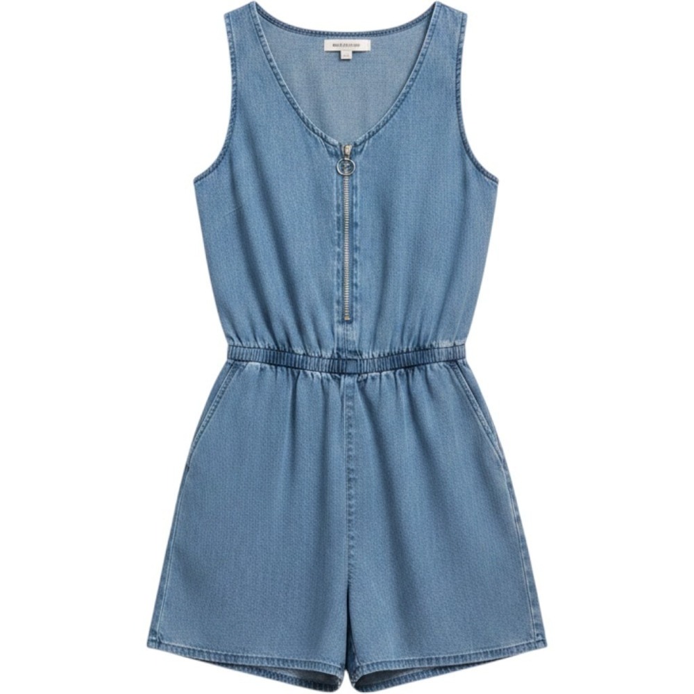 Justice Girls Chambray Denim Romper Size M 10 Adjustable Waist Zip Front Pockets